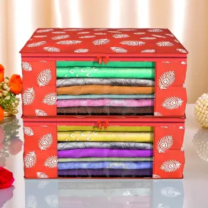 Kuber Industries Saree Cover | Clothes Storage Bag | Storage Organizer Bag | Zip Closure Saree Cover | Wardrobe Organizer | Peacock Feather-Design | 6 Inch | Pack of 2 | Red