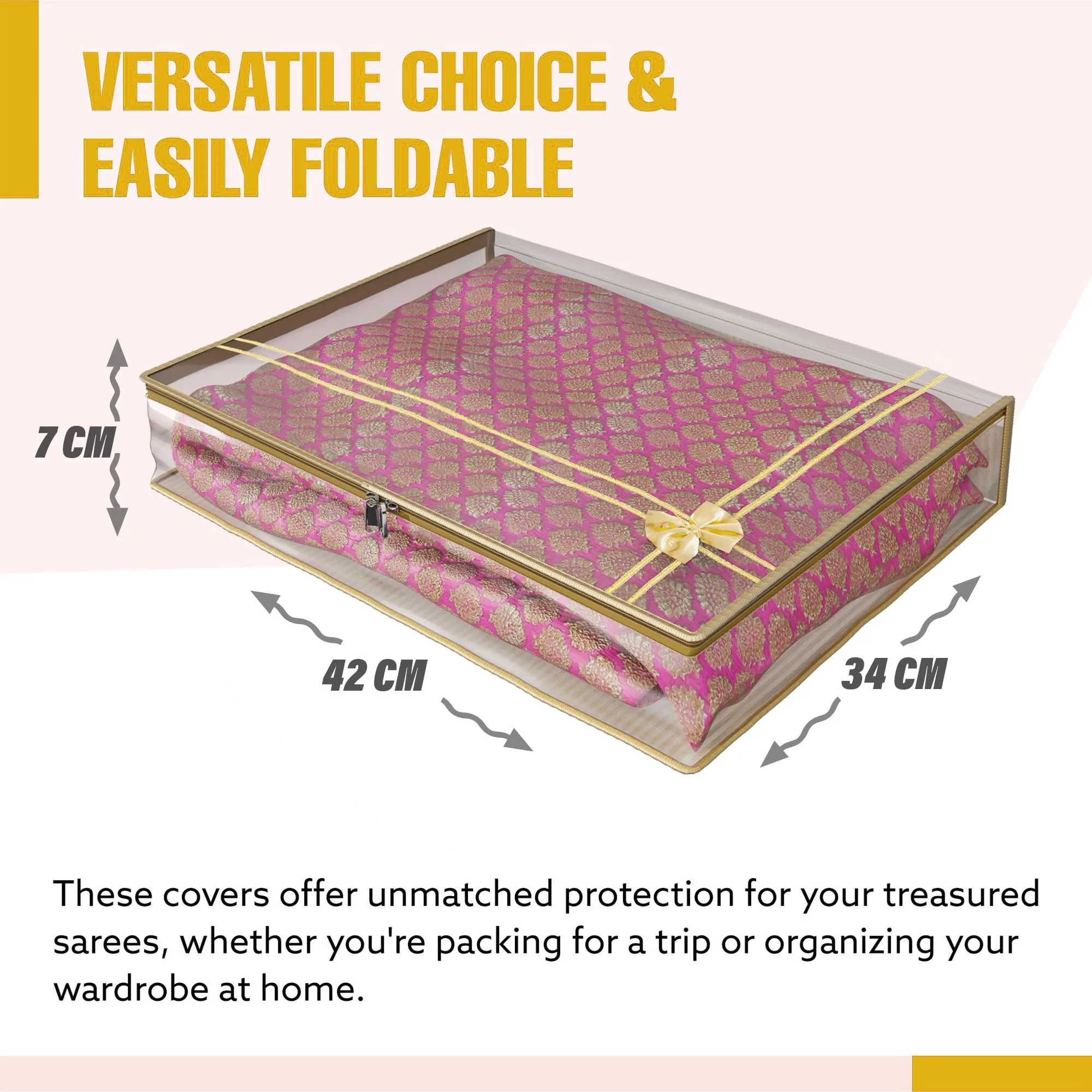 Kuber Industries Saree Cover | Clothes Storage Bag | Suit Packing Cover | Cloth Stoarge Organizer | Wardrobe Cloth Storage Organiser with Zip | Lining Bow Transparent | 3 Inch | Pack of 3 | Gold