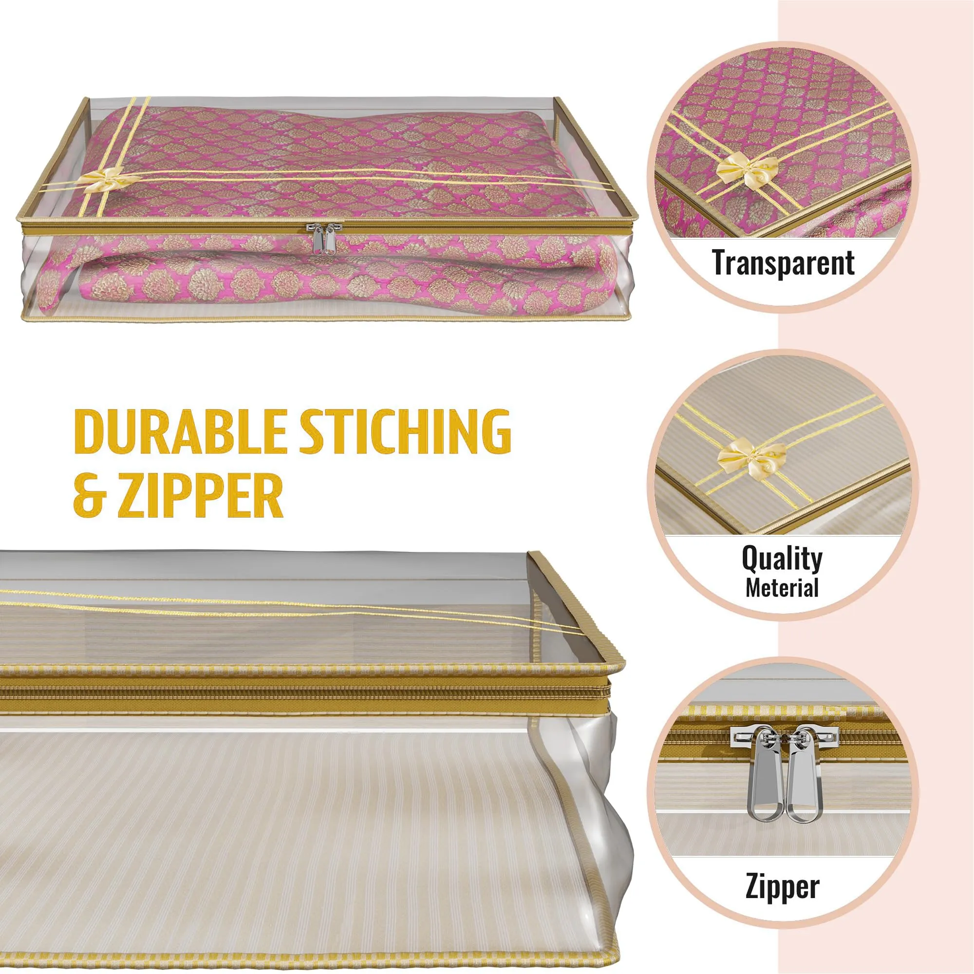 Kuber Industries Saree Cover | Clothes Storage Bag | Suit Packing Cover | Cloth Stoarge Organizer | Wardrobe Cloth Storage Organiser with Zip | Lining Bow Transparent | 3 Inch | Pack of 3 | Gold