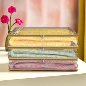 Kuber Industries Saree Cover | Clothes Storage Bag | Suit Packing Cover | Cloth Stoarge Organizer | Wardrobe Cloth Storage Organiser with Zip | Lining Bow Transparent | 3 Inch | Pack of 3 | Gold