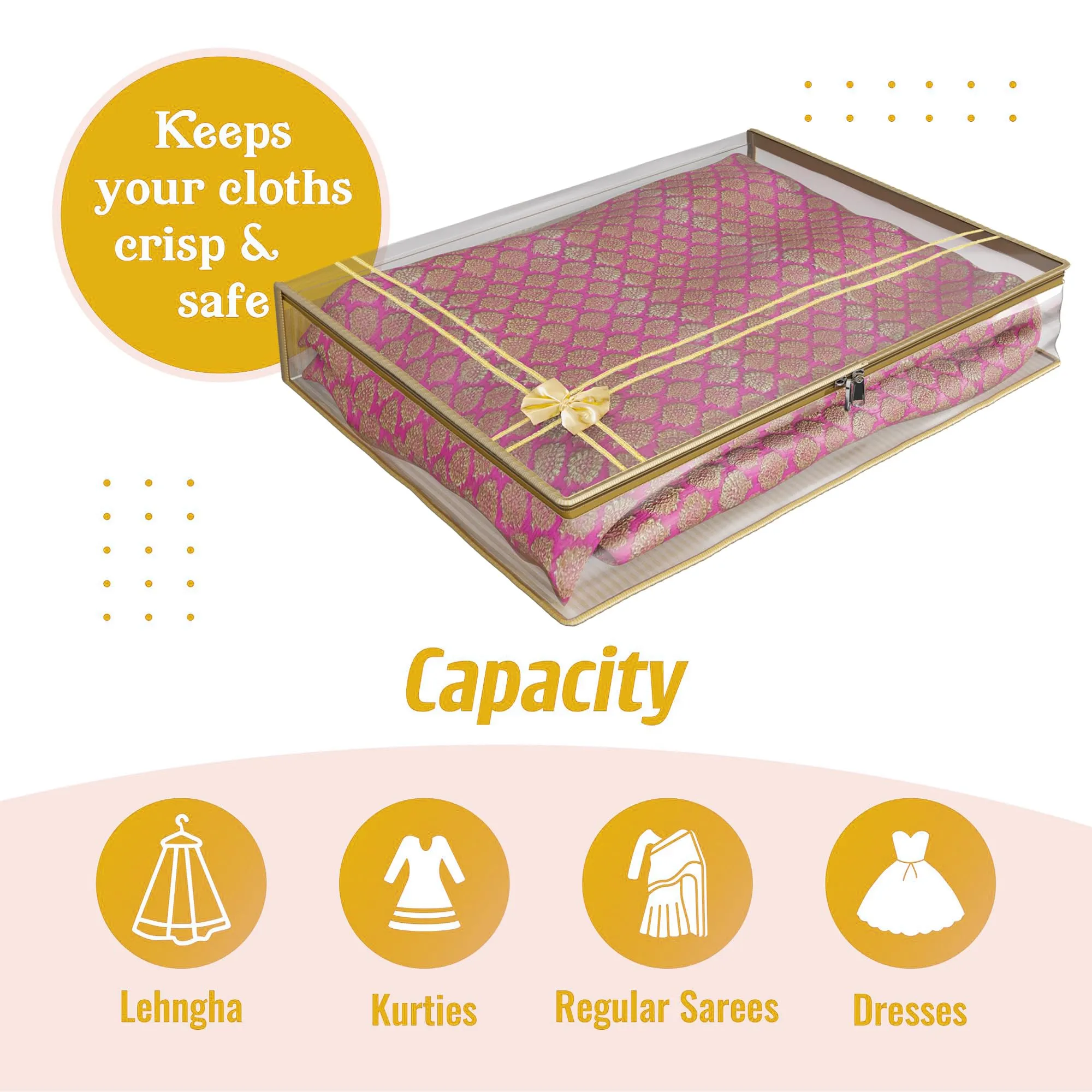 Kuber Industries Saree Cover | Clothes Storage Bag | Suit Packing Cover | Cloth Stoarge Organizer | Wardrobe Cloth Storage Organiser with Zip | Lining Bow Transparent | 3 Inch | Pack of 3 | Gold
