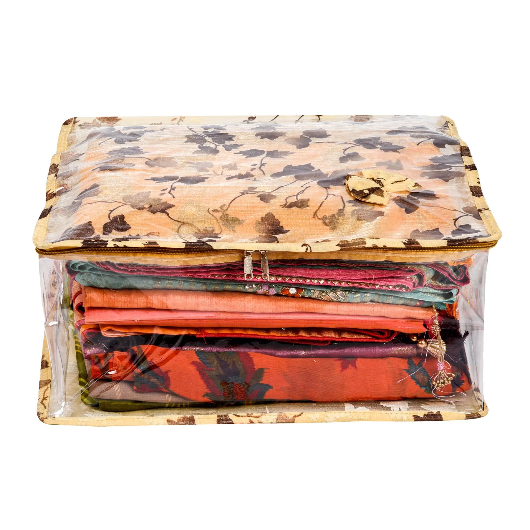 Kuber Industries Saree Cover | Zip Closure Saree Cover | Clothes Storage Bag | Wardrobe Organiser for Suit | Side Transparent Saree Cover | Bow-Leaf-Design | 9 inch | Pack of 2 | Golden