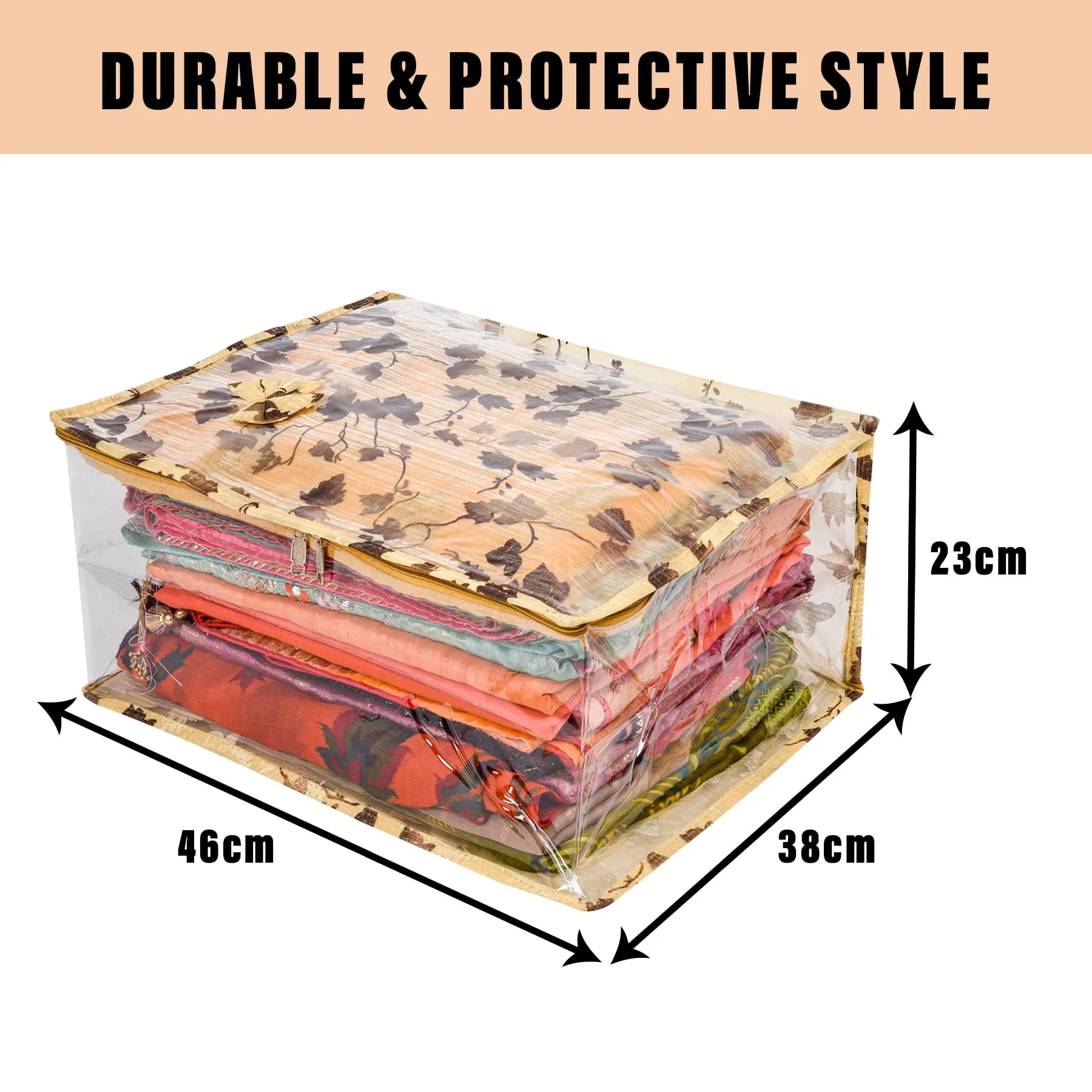 Kuber Industries Saree Cover | Zip Closure Saree Cover | Clothes Storage Bag | Wardrobe Organiser for Suit | Side Transparent Saree Cover | Bow-Leaf-Design | 9 inch | Pack of 2 | Golden