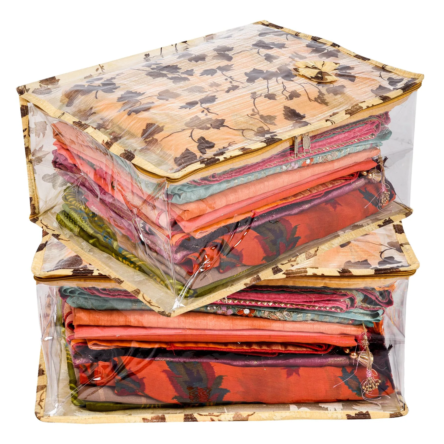 Kuber Industries Saree Cover | Zip Closure Saree Cover | Clothes Storage Bag | Wardrobe Organiser for Suit | Side Transparent Saree Cover | Bow-Leaf-Design | 9 inch | Pack of 2 | Golden