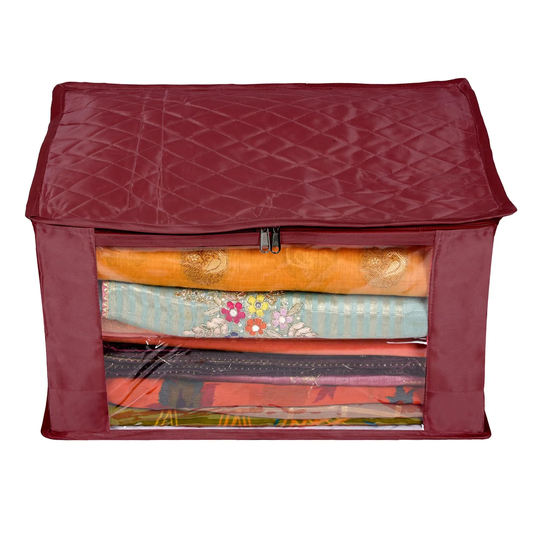 Kuber Industries Saree Cover | Zip Closure Saree Cover | Clothes Storage Bag | Wardrobe Organiser for Suit | Transparent Window Saree Cover | 9 inch | Pack of 3 | Maroon