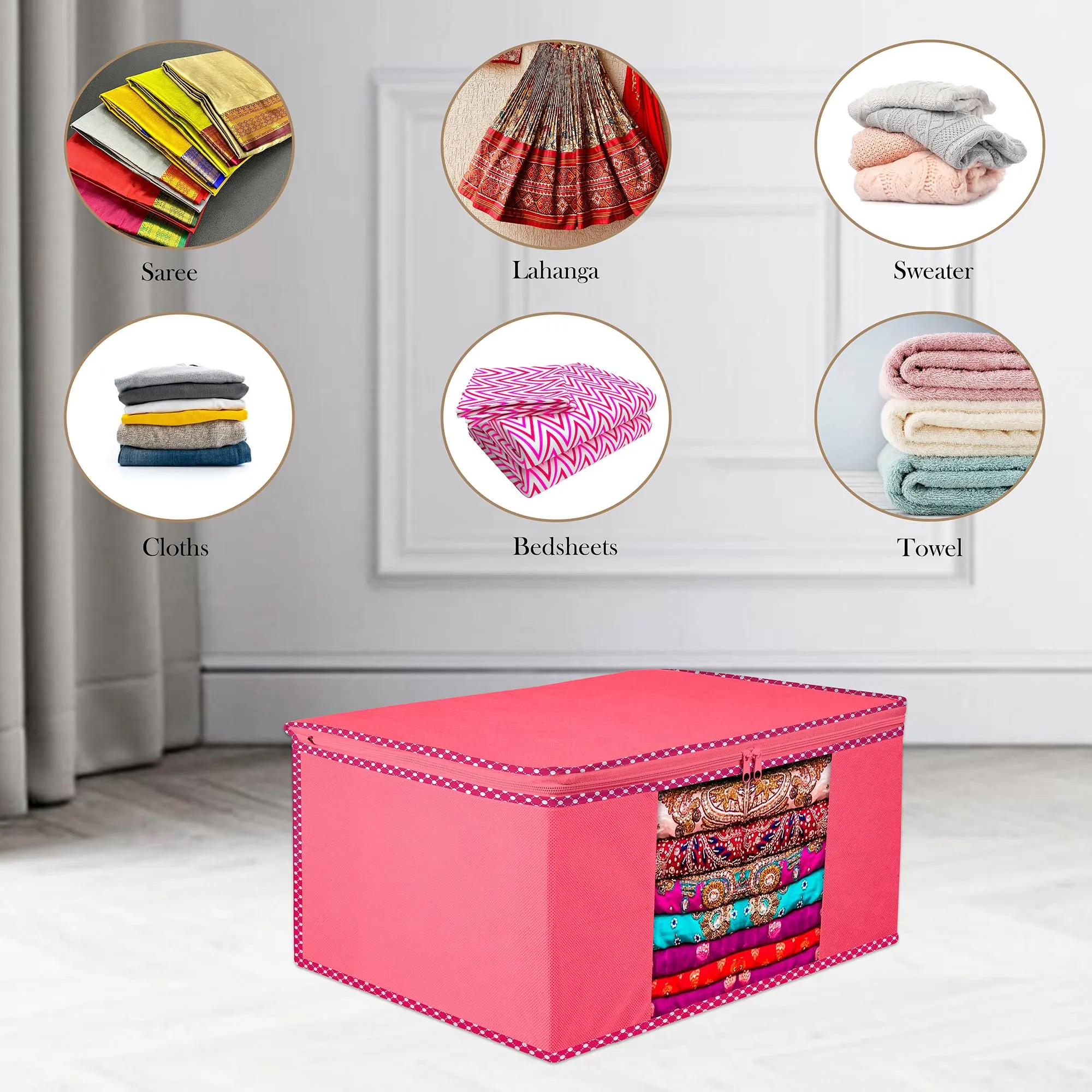 Kuber Industries Saree Cover | Zip Closure Saree Cover | Clothes Storage Bag | Wardrobe Organiser for Suit | Transparent Window Saree Cover | Dot Border-Design | 9 inch | Pack of 3 | Pink