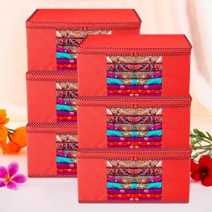 Kuber Industries Saree Cover | Zip Closure Saree Cover | Clothes Storage Bag | Wardrobe Organiser for Suit | Transparent Window Saree Cover | Dot Border-Design | 9 inch | Pack of 6 | Red
