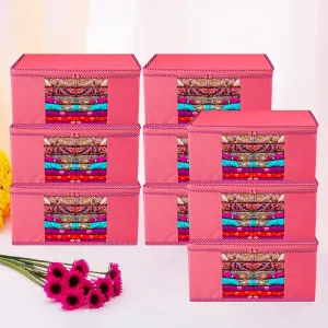 Kuber Industries Saree Cover | Zip Closure Saree Cover | Clothes Storage Bag | Wardrobe Organiser for Suit | Transparent Window Saree Cover | Dot Border-Design | 9 inch | Pack of 9 | Pink