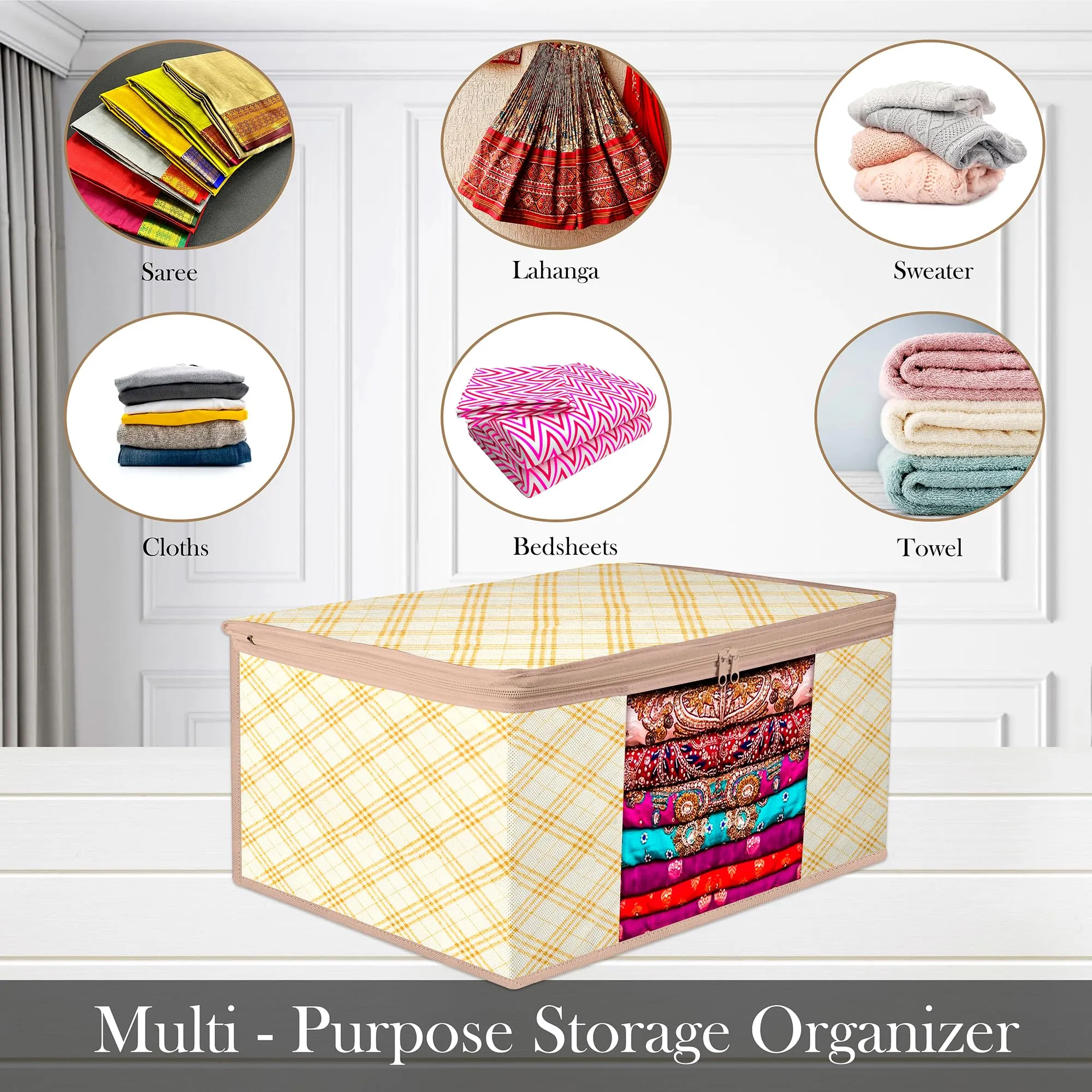 Kuber Industries Saree Cover | Zip Closure Saree Cover | Clothes Storage Bag | Wardrobe Organiser | Transparent Window Saree Cover | Check-Design | 9 inch | Pack of 6 | Cream