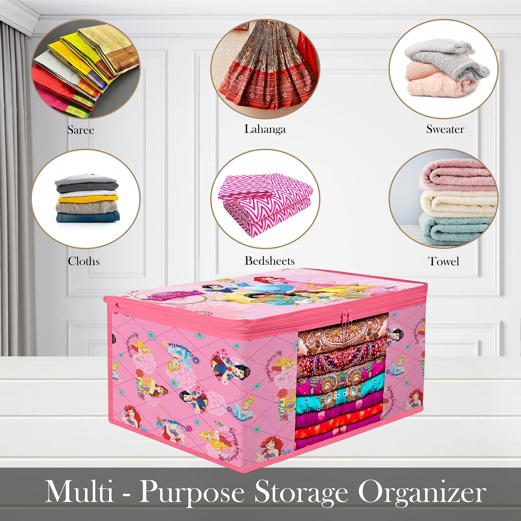 Kuber Industries Saree Cover | Zip Closure Saree Cover | Clothes Storage Bag | Wardrobe Organiser | Transparent Window Saree Cover | Disney Princess-Print | 9 inch | Pack of 3 | Pink