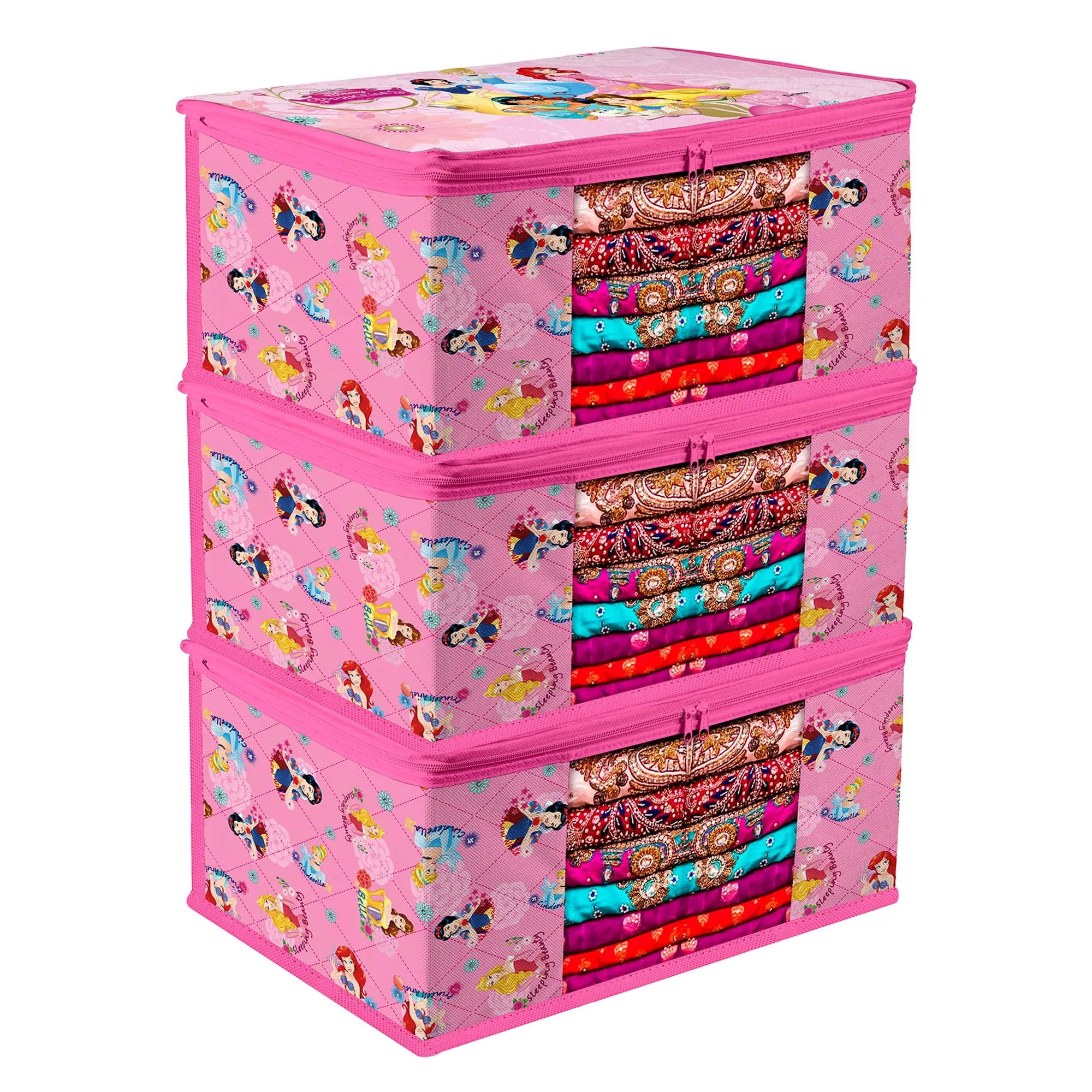 Kuber Industries Saree Cover | Zip Closure Saree Cover | Clothes Storage Bag | Wardrobe Organiser | Transparent Window Saree Cover | Disney Princess-Print | 9 inch | Pack of 3 | Pink