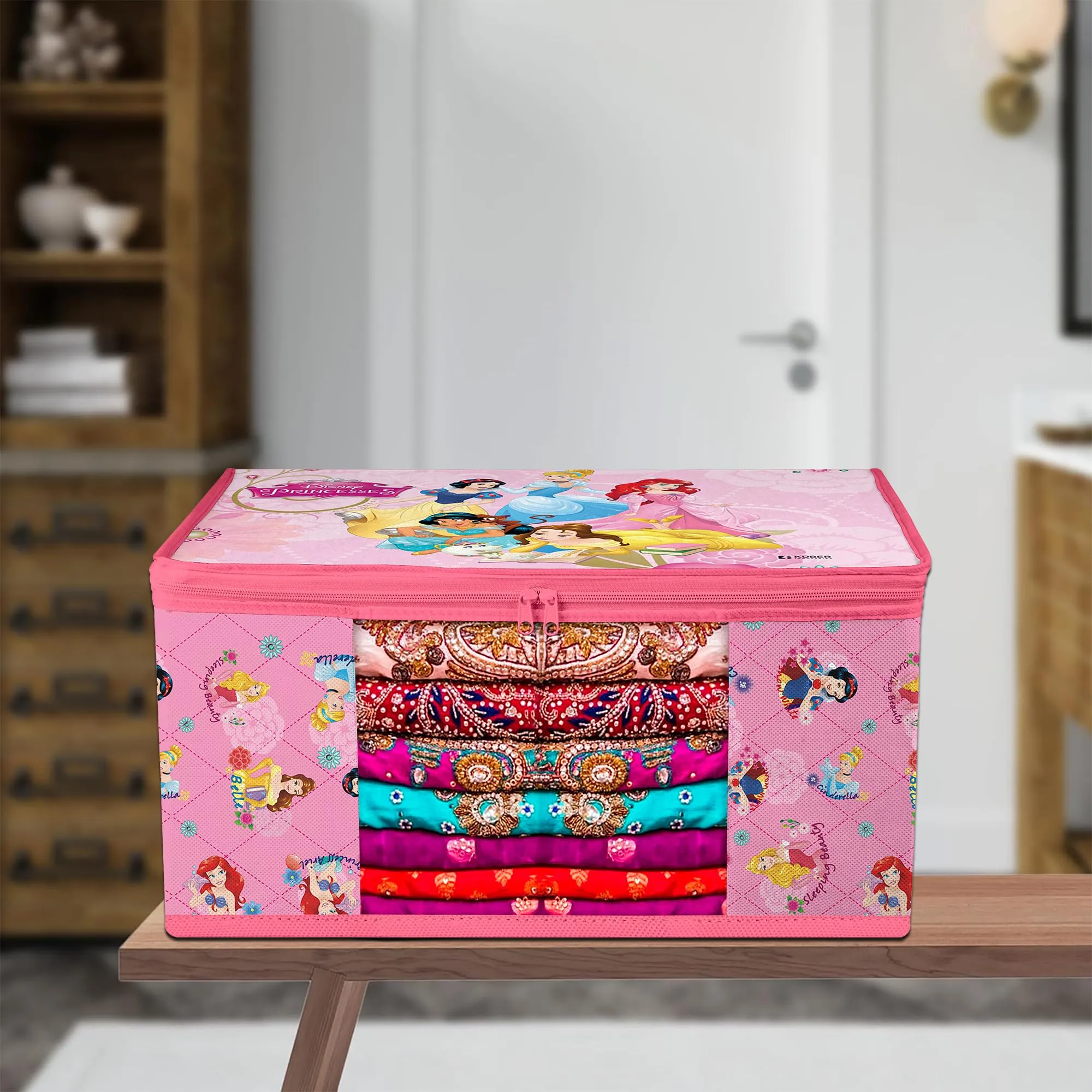 Kuber Industries Saree Cover | Zip Closure Saree Cover | Clothes Storage Bag | Wardrobe Organiser | Transparent Window Saree Cover | Disney Princess-Print | 9 inch | Pack of 3 | Pink