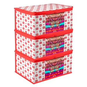 Kuber Industries Saree Cover | Zip Closure Saree Cover | Clothes Storage Bag | Wardrobe Organiser | Transparent Window Saree Cover | Dot-Design | 9 inch | Pack of 3 | Red