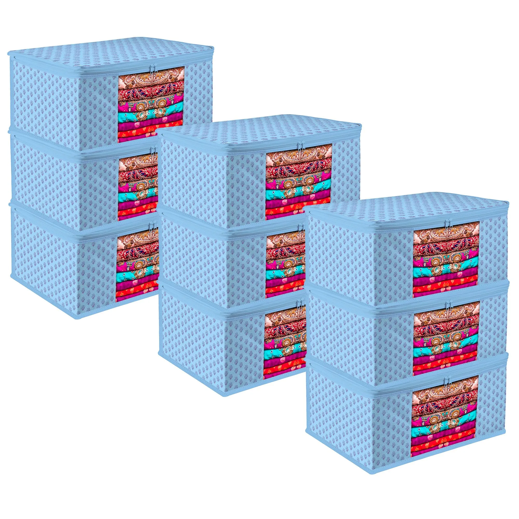Kuber Industries Saree Cover | Zip Closure Saree Cover | Clothes Storage Bag | Wardrobe Organiser | Transparent Window Saree Cover | Floral-Design | 9 inch | Pack of 9 | Blue