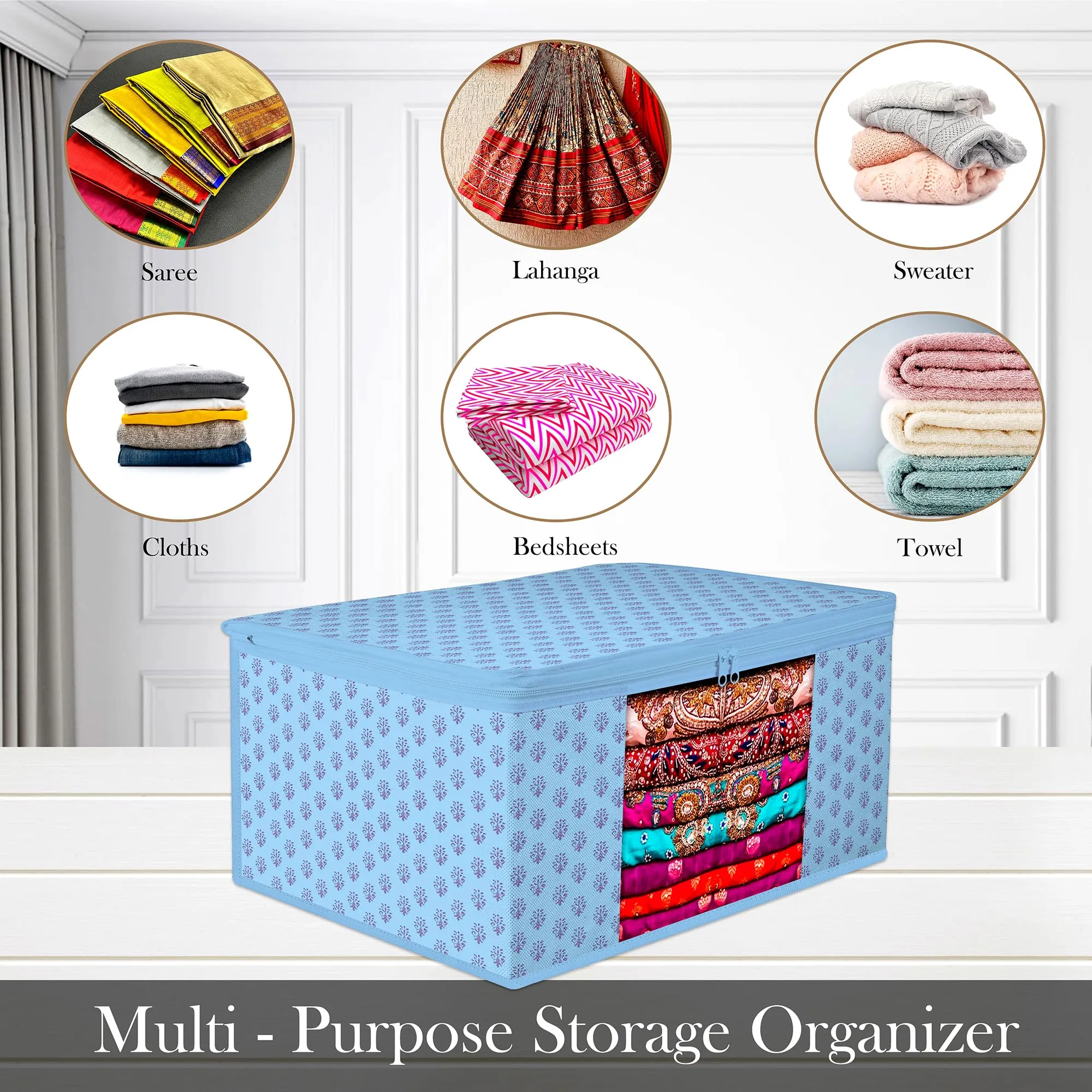Kuber Industries Saree Cover | Zip Closure Saree Cover | Clothes Storage Bag | Wardrobe Organiser | Transparent Window Saree Cover | Floral-Design | 9 inch | Pack of 9 | Blue