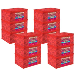 Kuber Industries Saree Cover | Zip Closure Saree Cover | Clothes Storage Bag | Wardrobe Organiser | Transparent Window Saree Cover | Flower-Design | 9 inch | Pack of 12 | Red