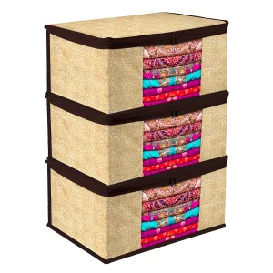 Kuber Industries Saree Cover | Zip Closure Saree Cover | Clothes Storage Bag | Wardrobe Organiser | Transparent Window Saree Cover | Flower-Design | 9 inch | Pack of 3 | Coffee