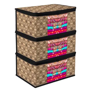 Kuber Industries Saree Cover | Zip Closure Saree Cover | Clothes Storage Bag | Wardrobe Organiser | Transparent Window Saree Cover | Honeycomb-Design | 9 inch | Pack of 3 | Coffee