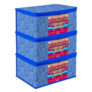 Kuber Industries Saree Cover | Zip Closure Saree Cover | Clothes Storage Bag | Wardrobe Organiser | Transparent Window Saree Cover | Lahariya-Design | 9 inch | Pack of 3 | Blue