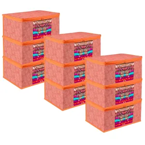 Kuber Industries Saree Cover | Zip Closure Saree Cover | Clothes Storage Bag | Wardrobe Organiser | Transparent Window Saree Cover | Lahariya-Design | 9 inch | Pack of 9 | Orange