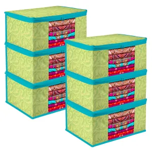 Kuber Industries Saree Cover | Zip Closure Saree Cover | Clothes Storage Bag | Wardrobe Organiser | Transparent Window Saree Cover | Leaf-Design | 9 inch | Pack of 6 | Green