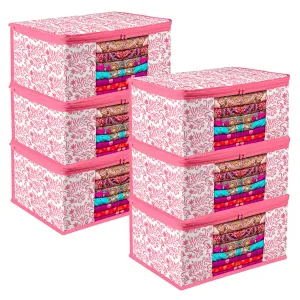 Kuber Industries Saree Cover | Zip Closure Saree Cover | Clothes Storage Bag | Wardrobe Organiser | Transparent Window Saree Cover | Leaf-Design | 9 inch | Pack of 6 | Pink