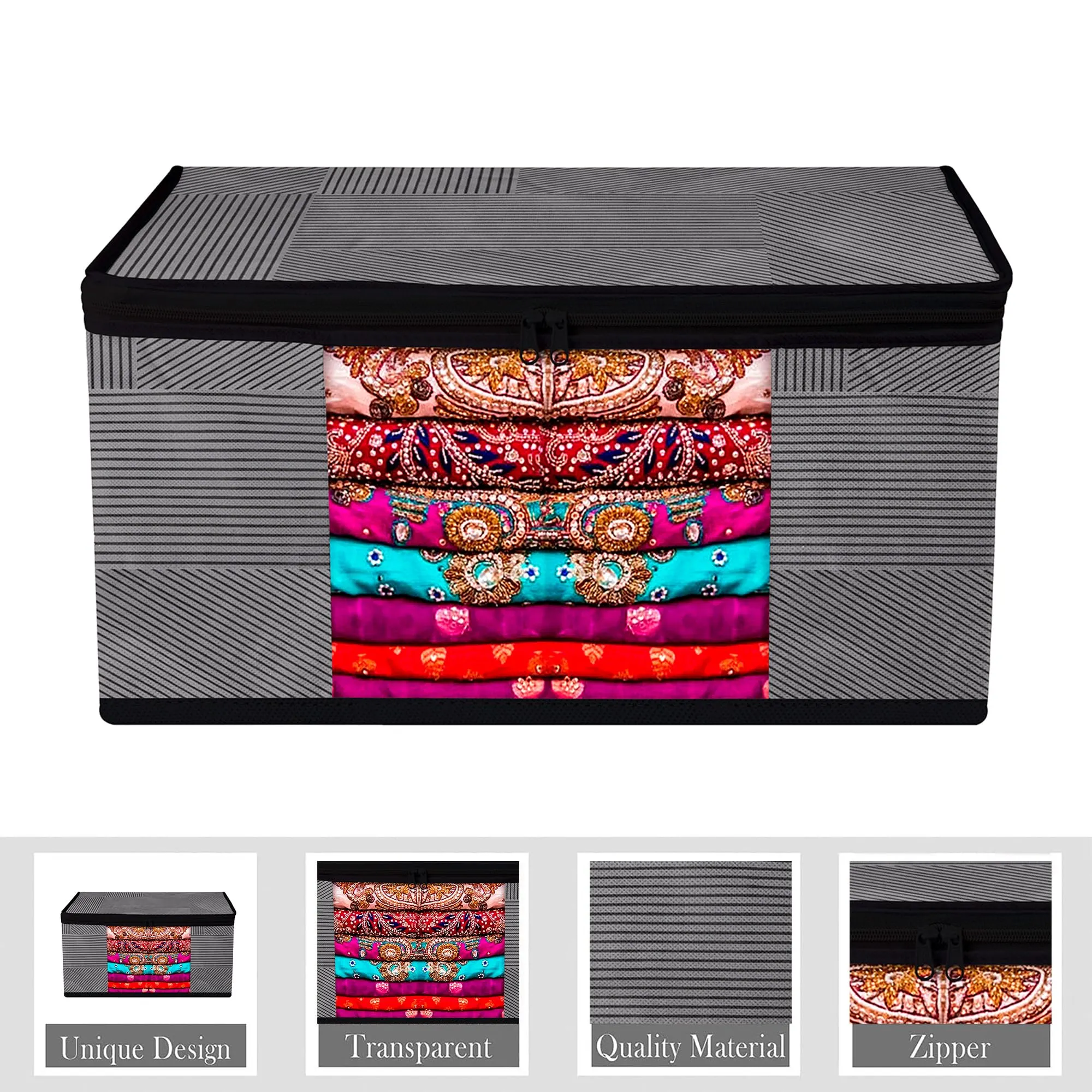 Kuber Industries Saree Cover | Zip Closure Saree Cover | Clothes Storage Bag | Wardrobe Organiser | Transparent Window Saree Cover | Lining-Design | 9 inch | Pack of 3 | Gray