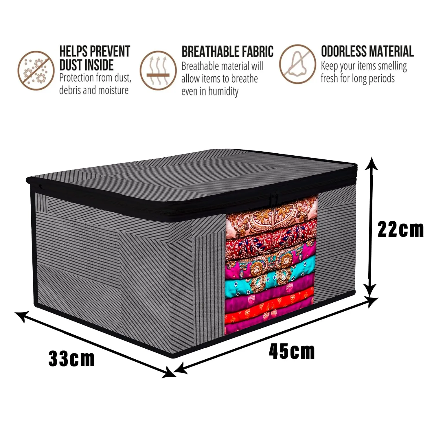 Kuber Industries Saree Cover | Zip Closure Saree Cover | Clothes Storage Bag | Wardrobe Organiser | Transparent Window Saree Cover | Lining-Design | 9 inch | Pack of 3 | Gray