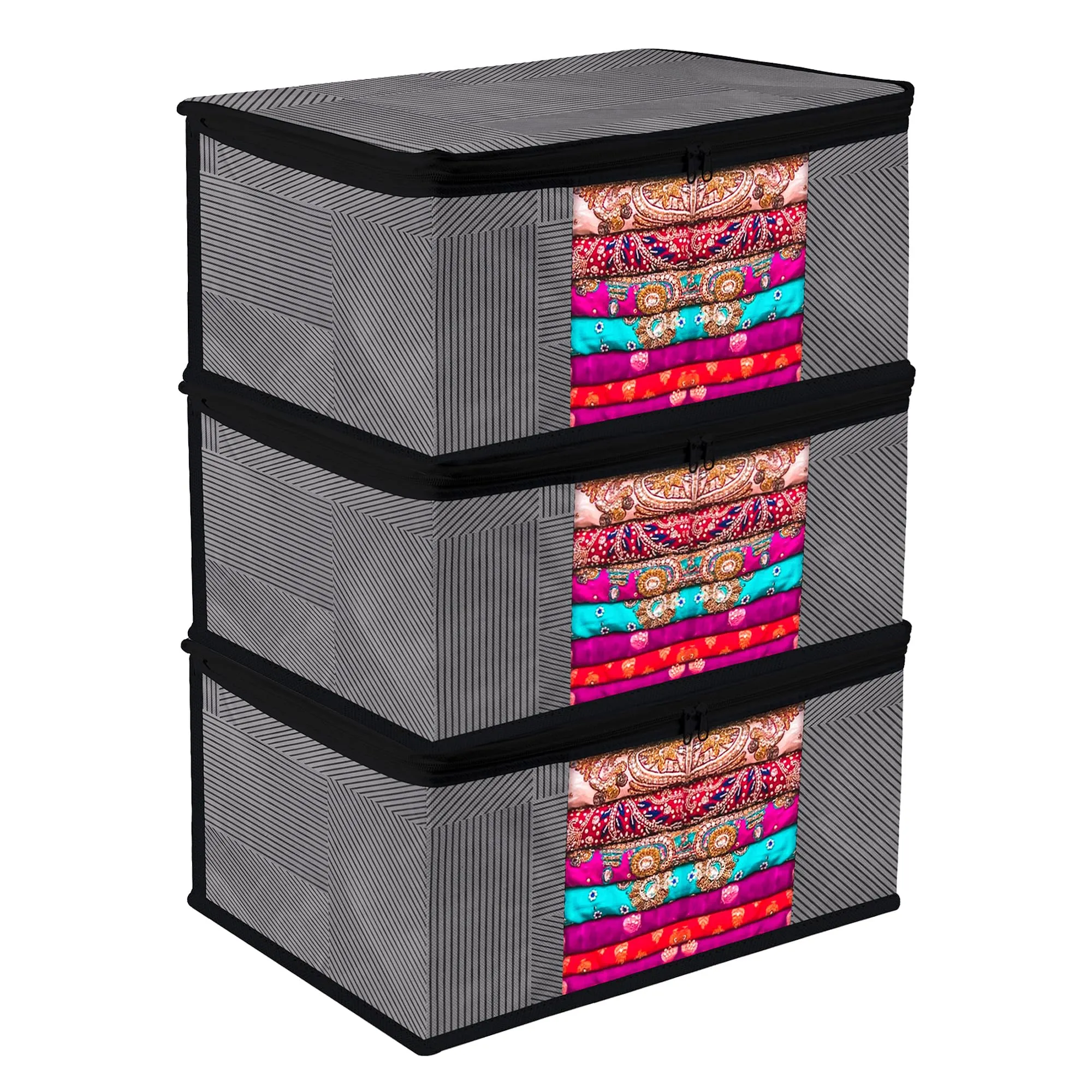 Kuber Industries Saree Cover | Zip Closure Saree Cover | Clothes Storage Bag | Wardrobe Organiser | Transparent Window Saree Cover | Lining-Design | 9 inch | Pack of 3 | Gray