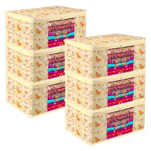 Kuber Industries Saree Cover | Zip Closure Saree Cover | Clothes Storage Bag | Wardrobe Organiser | Transparent Window Saree Cover | Red-Flower-Design | 9 inch | Pack of 6 | Ivory