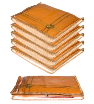 Kuber Industries Saree Cover|PVC Laminated Lining Design with Tissue Fabric|Transparent Bow Wardrobe Organizer|Pack of 6 (Gold)
