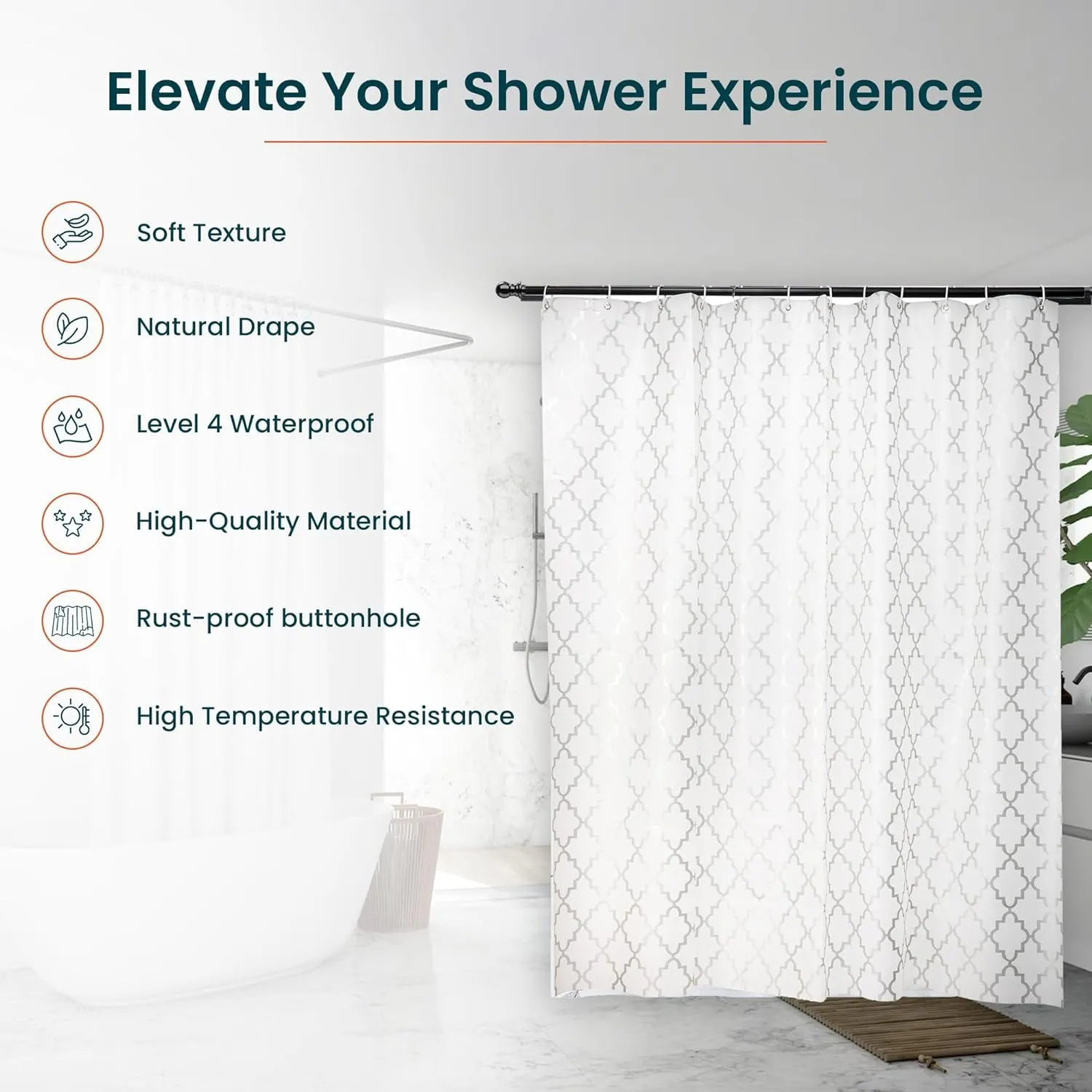 Kuber IndustriesSoft Texture Bath curtain|Natural Drape Waterproof Shower Curtain 6 Feet|Pack of 4|Silver
