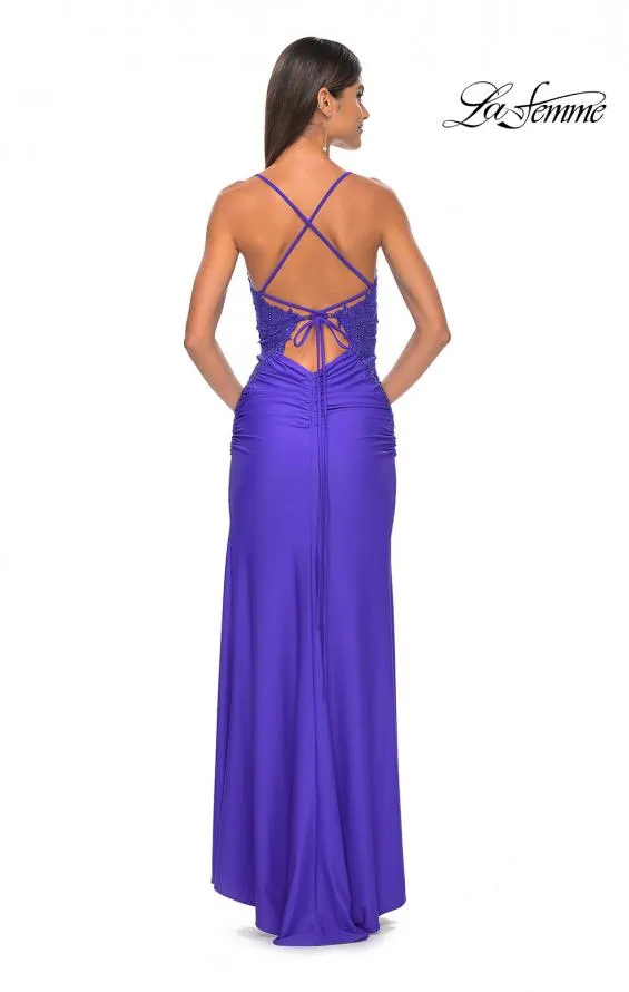 La Femme Lace Jersey with Slit | Royal Blue