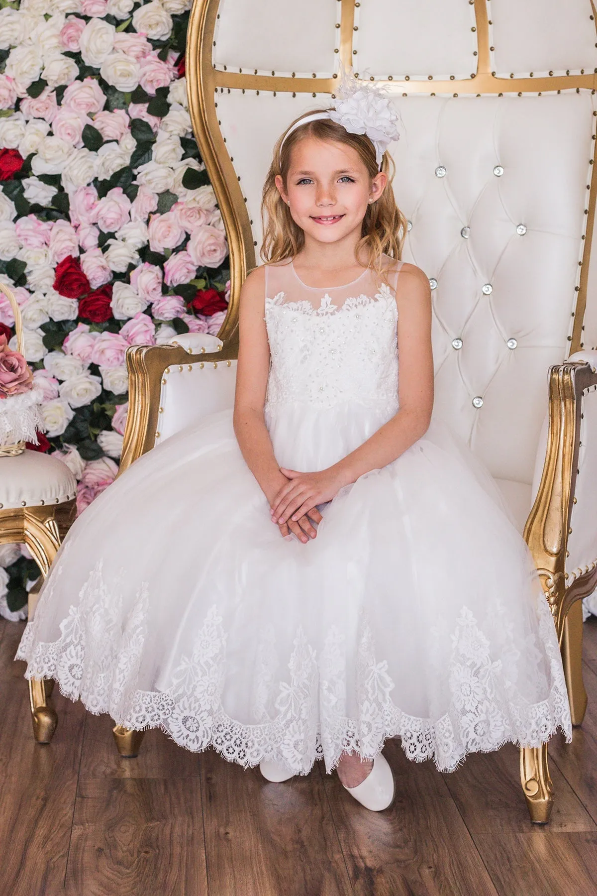 Lace Applique Illusion Bateau Girls Dress with Plus Sizes