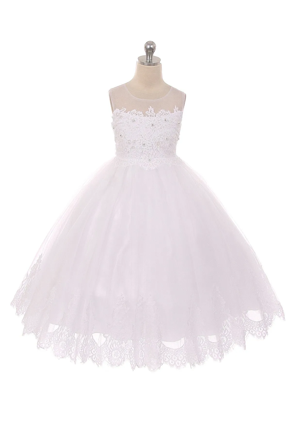 Lace Applique Illusion Bateau Girls Dress with Plus Sizes