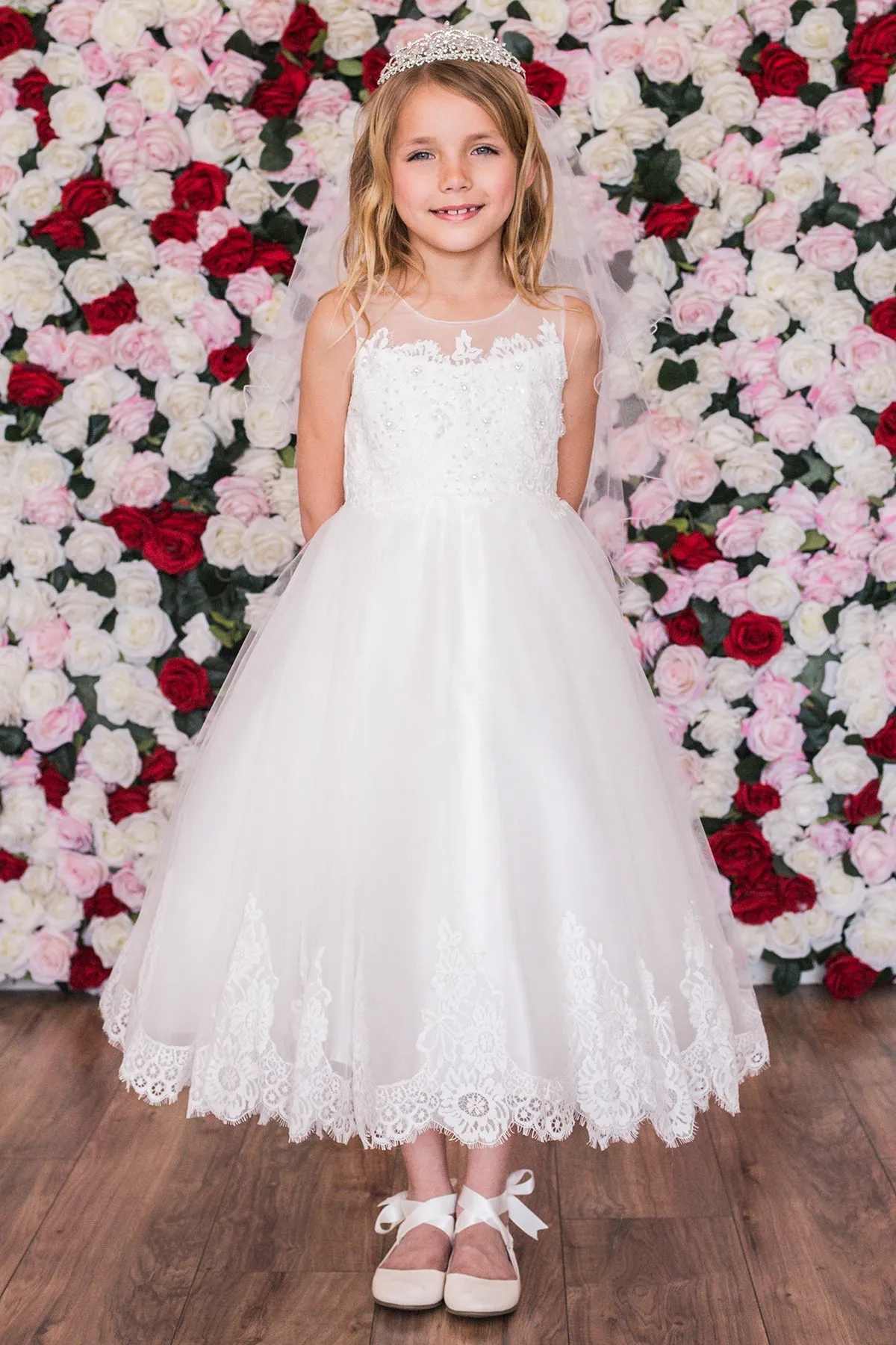 Lace Applique Illusion Bateau Girls Dress with Plus Sizes