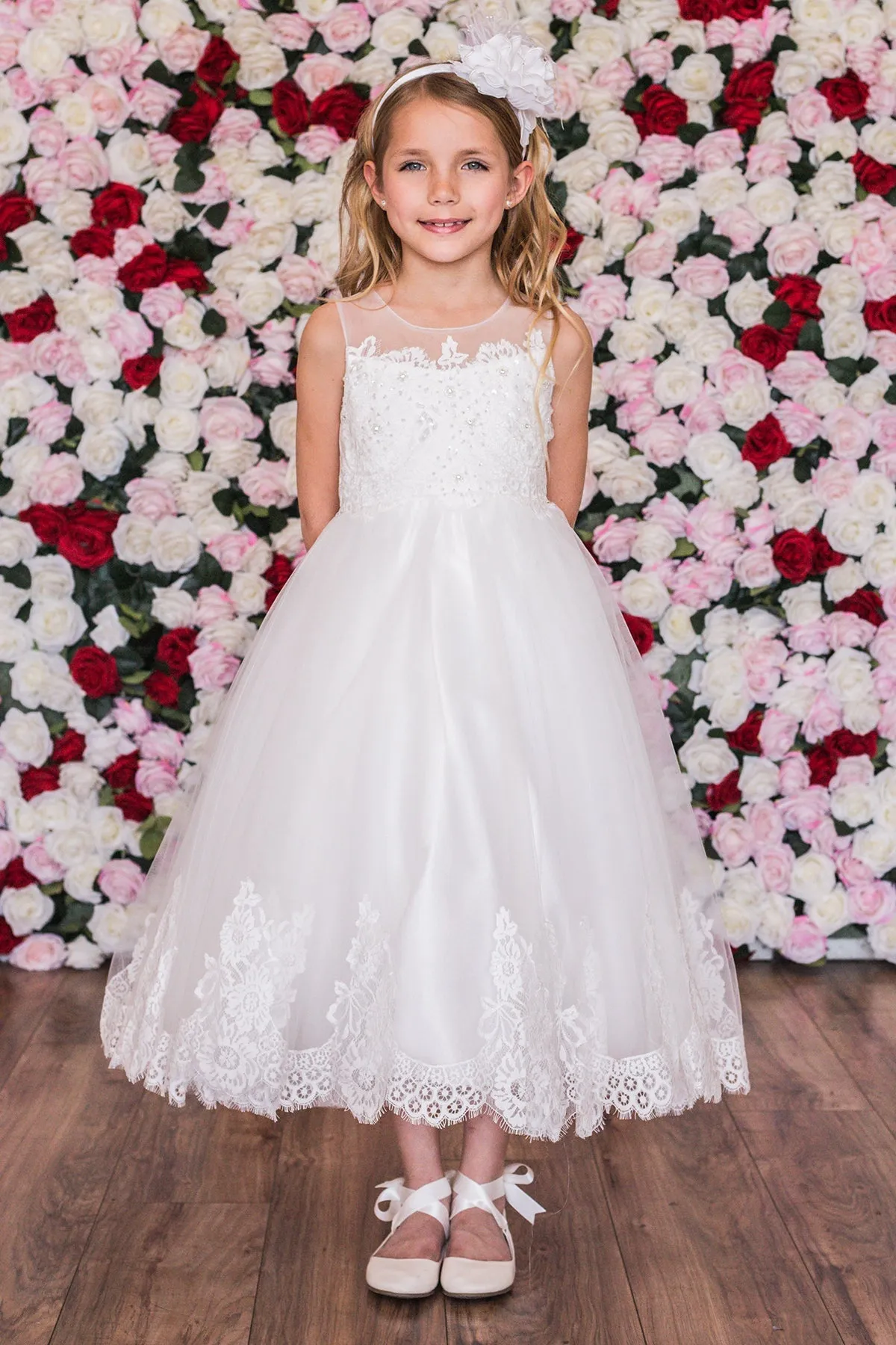 Lace Applique Illusion Bateau Girls Dress with Plus Sizes