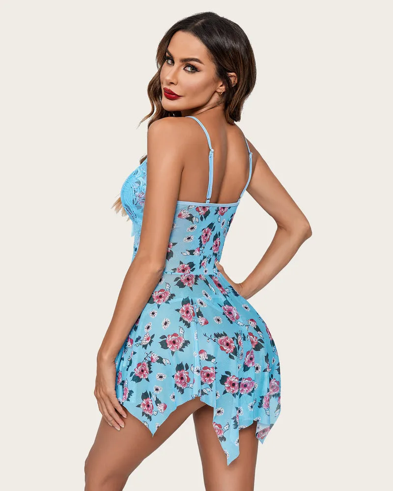 Lace Floral Print Babydoll Plus Size Sleepwear