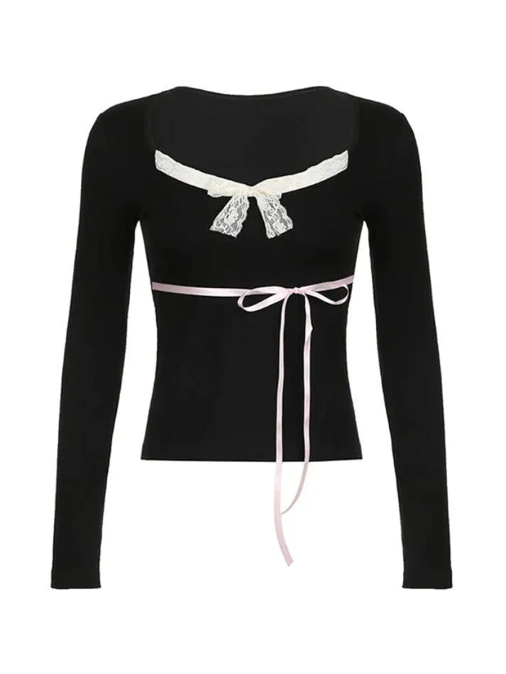 Lace Trim Bow Splice V Neck Long Sleeve Tee