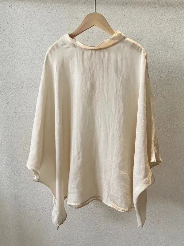 Lace-Up See-Through Solid Color Batwing Sleeves Loose Stand Collar Shirts Tops