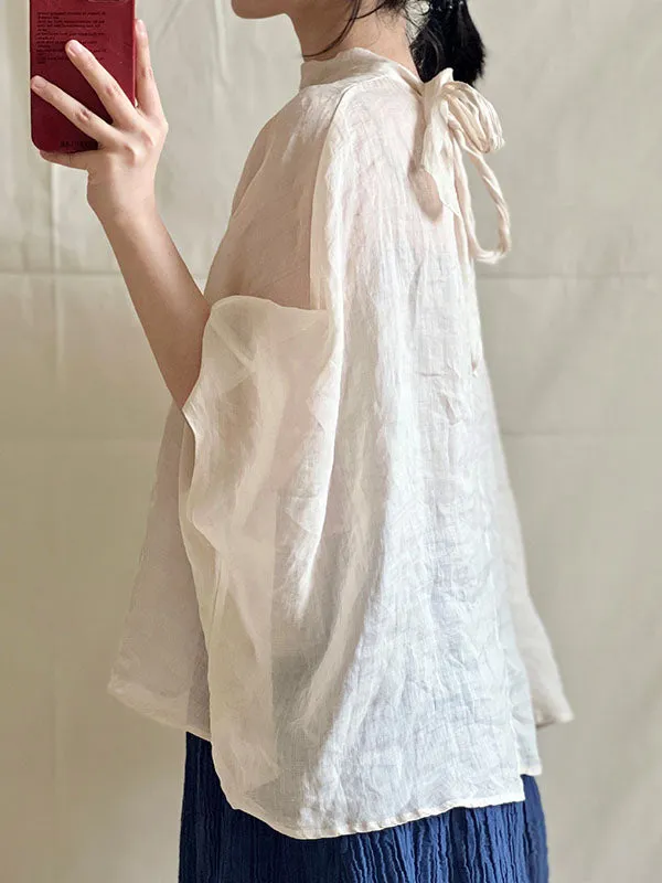 Lace-Up See-Through Solid Color Batwing Sleeves Loose Stand Collar Shirts Tops