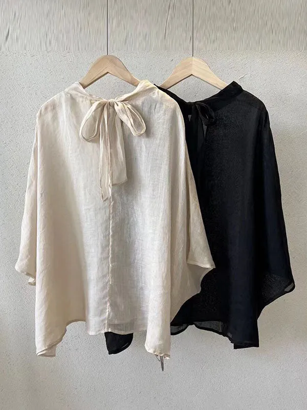 Lace-Up See-Through Solid Color Batwing Sleeves Loose Stand Collar Shirts Tops