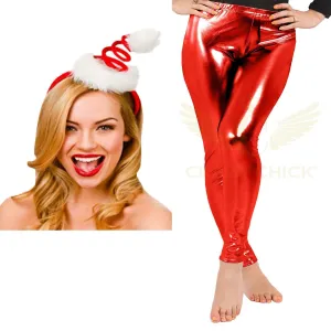 Ladies Christmas Santa Spiral headband Red metallic legging Xmas Fancy Dress