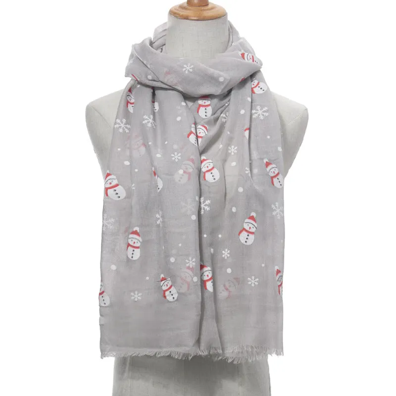 Ladies Christmas Snowman Print Scarf Comfortable Warm Cotton Long Scarf Shawl Polyester Print Scarf