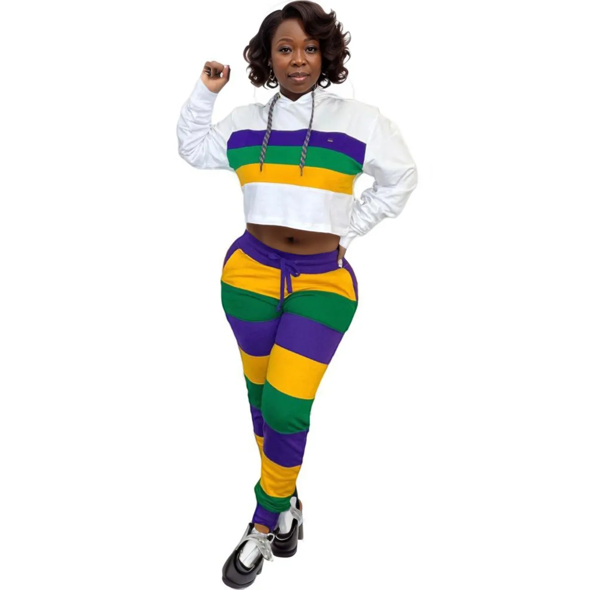 Ladies Mardi Gras Chic Crop Hoodie & Striped Jogger Set