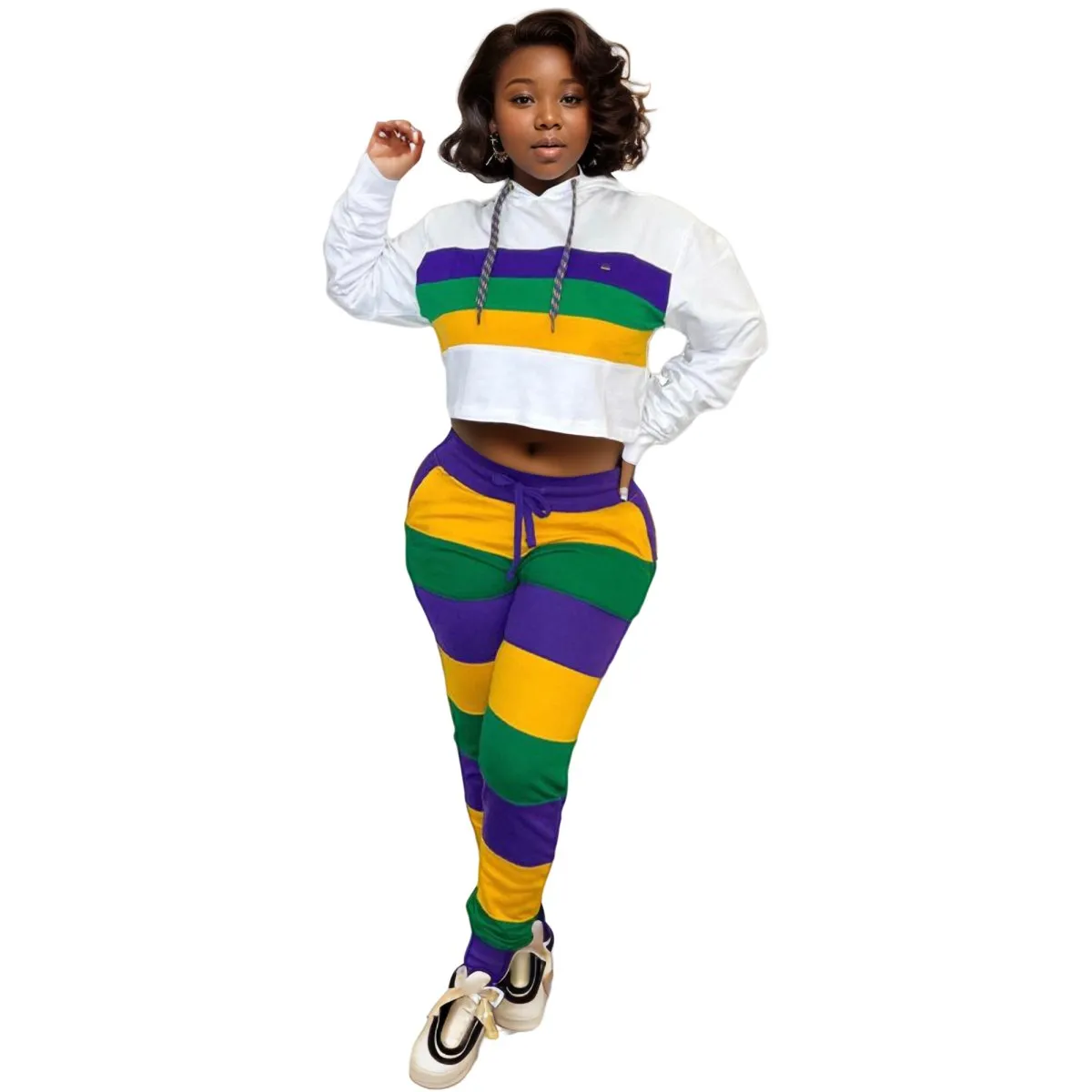Ladies Mardi Gras Chic Crop Hoodie & Striped Jogger Set