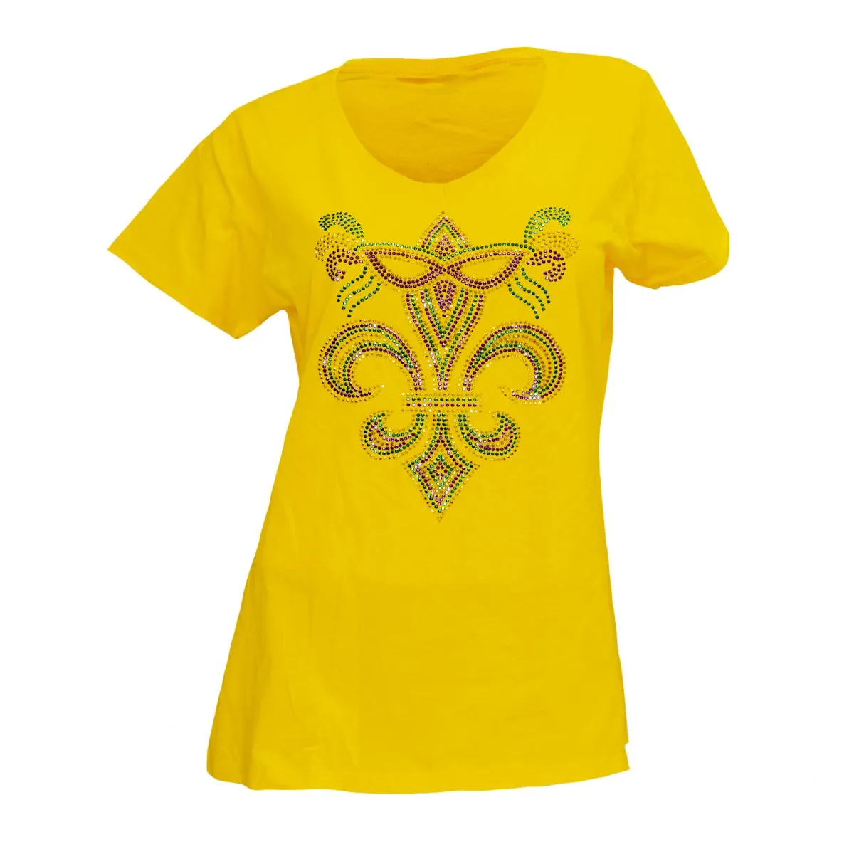 Ladies Mardi Gras Yellow Fleur De Lis And Mask Rhinestone V-Neck Tee-Shirt