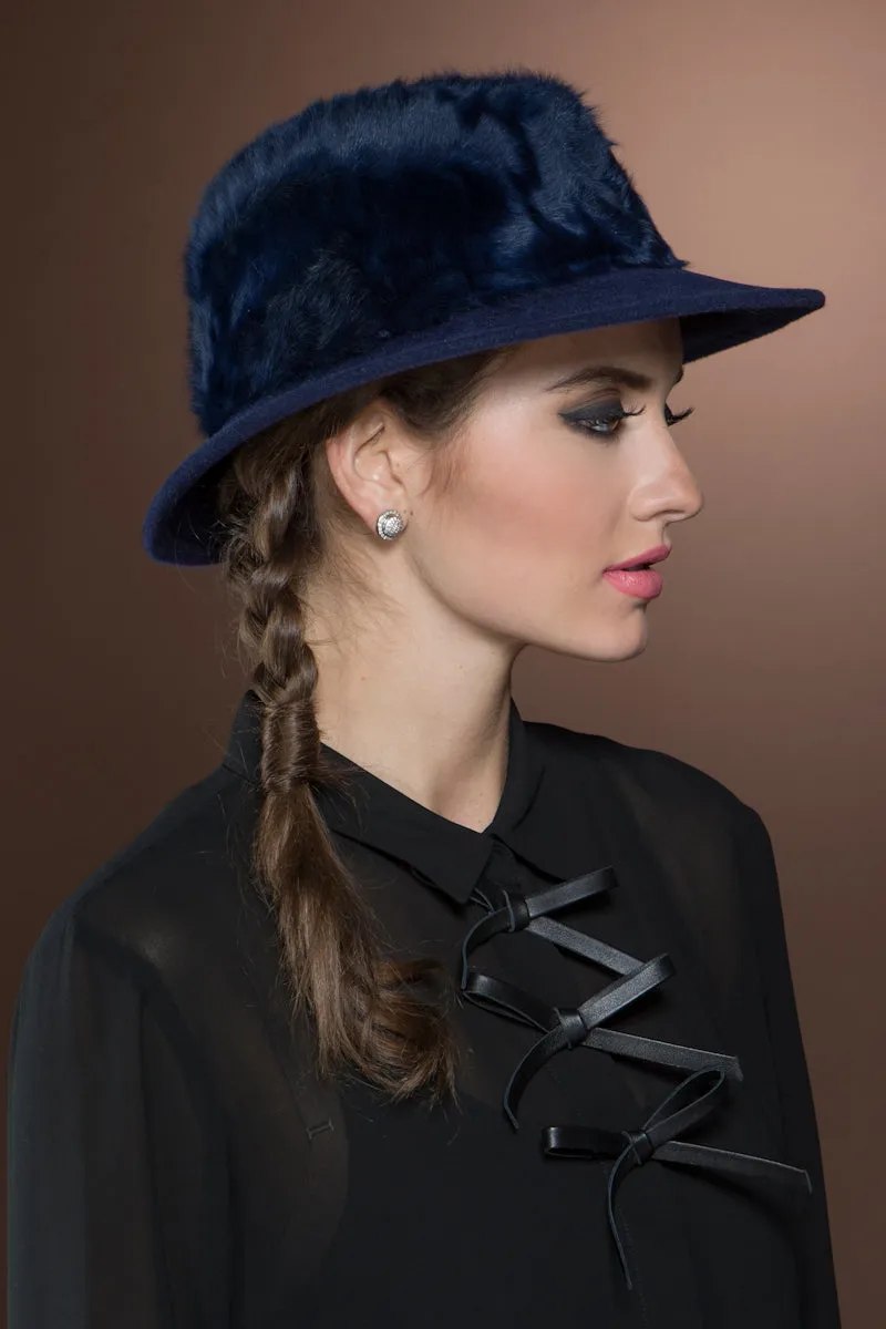 Lamb Fur and Velour Fedora Hat