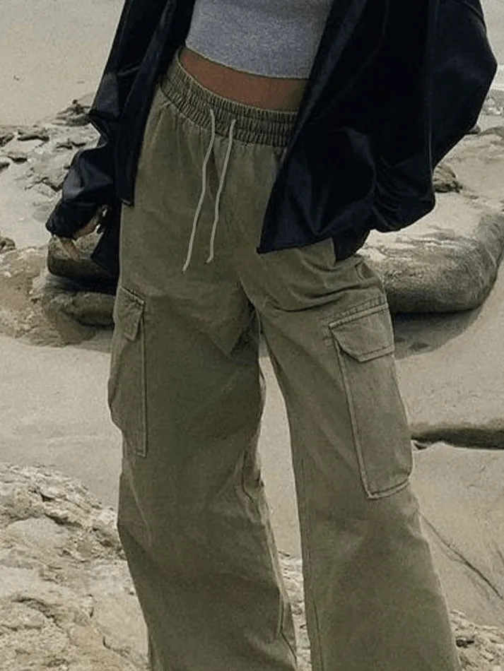 LANFUBEISI - Washed Pocket Straight Leg Pants