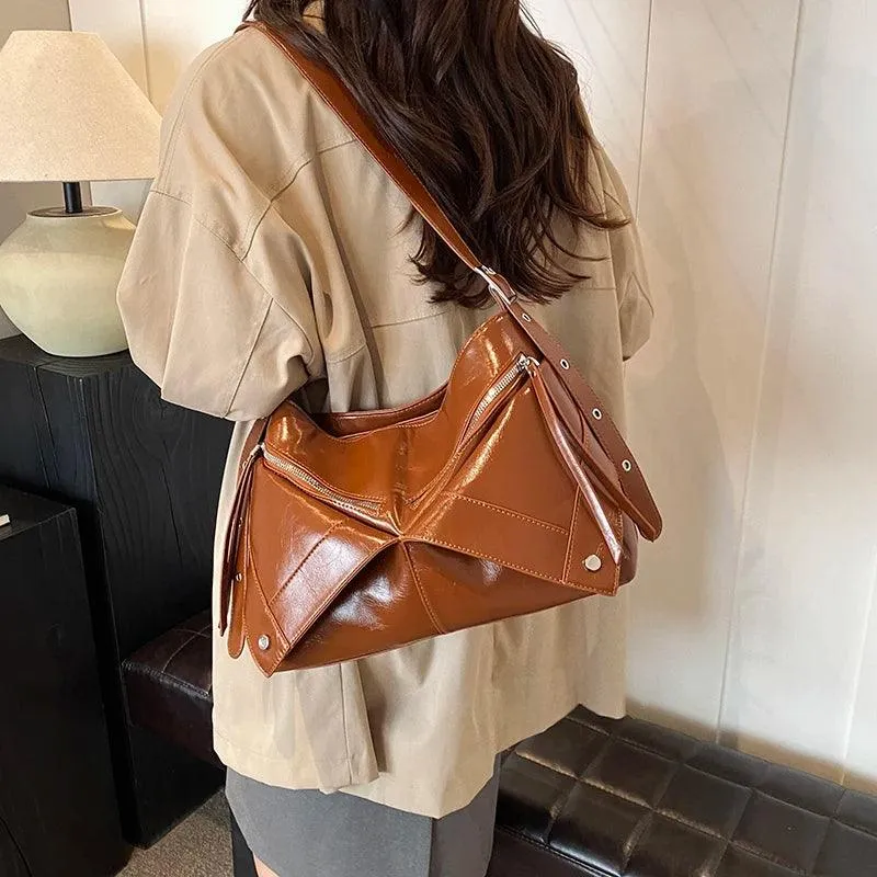 Large Shoulder Bags Leather Rivet Geometric Style Women Soft Zipper Crossbody